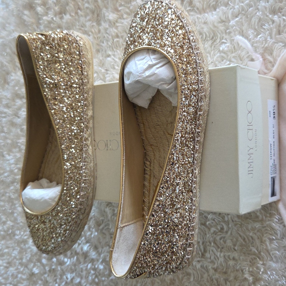 NIB Jimmy Choo Gold Flats Made in Spain. Comes with Box w/Dust Bag!